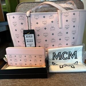 MCM New With Tags Pink Logo Monogram Tote Shopper With New Zippy Wallet
